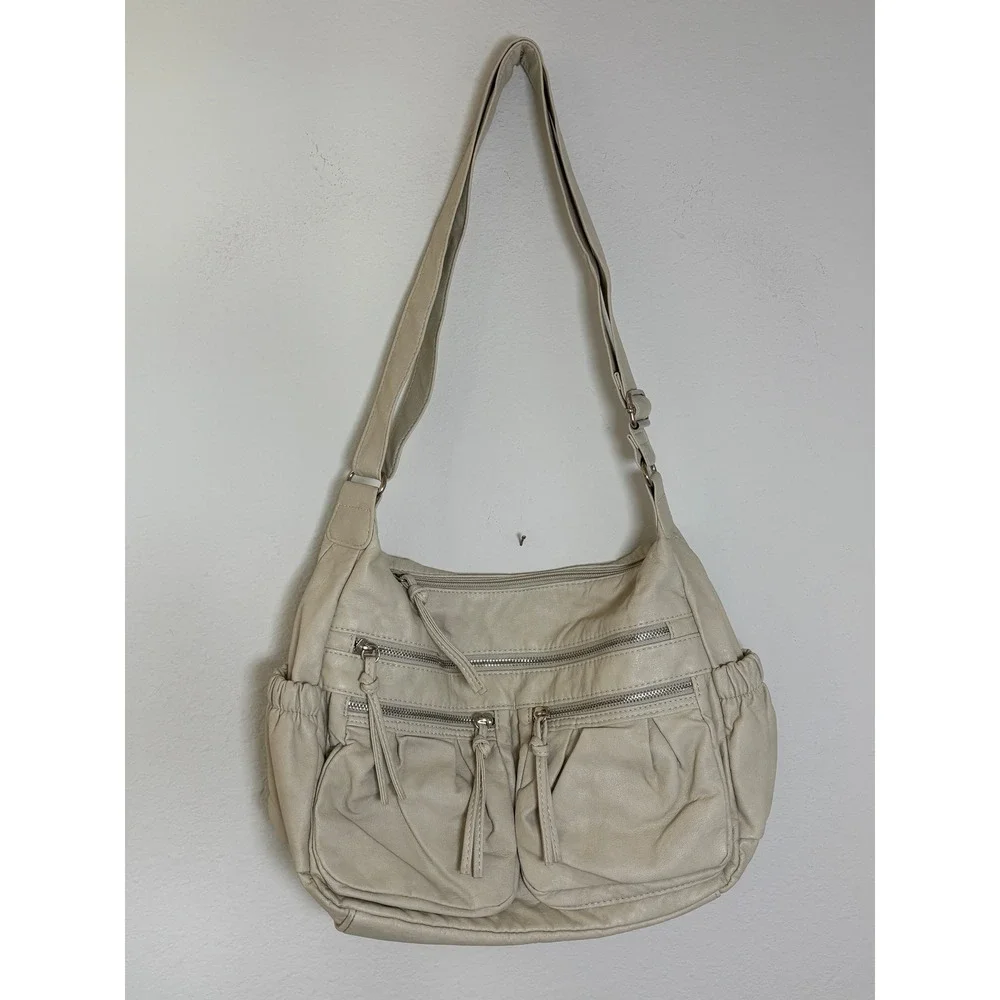 Bueno Cream Faux Leather Multi Pocket Crossbody Hobo Bag Adjustable Strap
